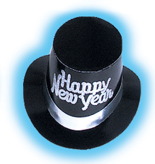 BLACK TOP HAT WITH SILVER HAPPY NEW YEAR & BAND - PACK OF 36