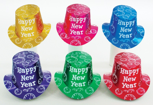ASSORTED COLOR TOP HAT WITH CLOCK DESIGN - PACK OF 36