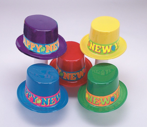 TOP HAT WITH NEON HAPPY NEW YEAR BAND ASSORTED COLORS - PACK OF 48