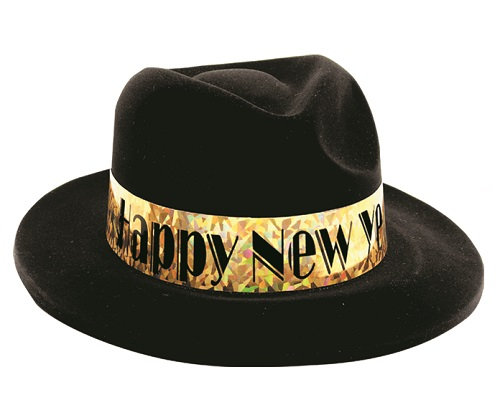 BLACK VELOUR FEDORA WITH GOLD PPRISMATIC BAND - PACK OF 36