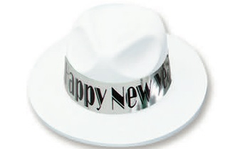 WHITE VELOUR FEDORA WITH FOIL HAPPY NEW YEAR BAND - PACK OF 36
