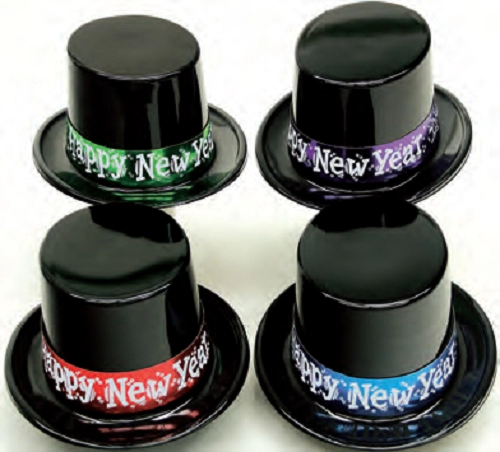 PLASTIC BLACK TOP HAT WITH HAPPY NEW YEAR BAND - PACK OF 48
