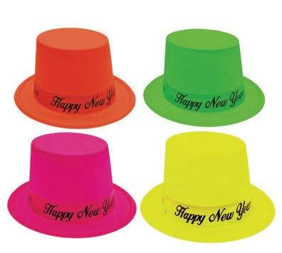 PLASTIC NEON TOP HATS WITH HAPPY NEW YEAR BAND - PACK OF 50