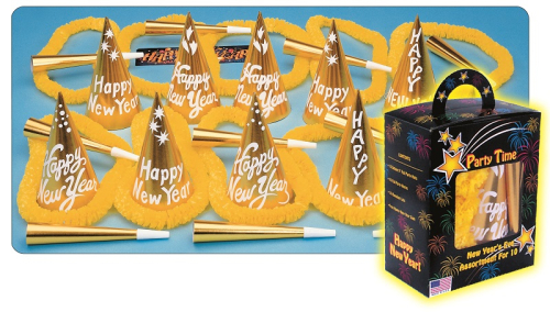 GOLD FOIL HAPPY NEW YEAR PARTY KIT - ASSORTMENT FOR 10