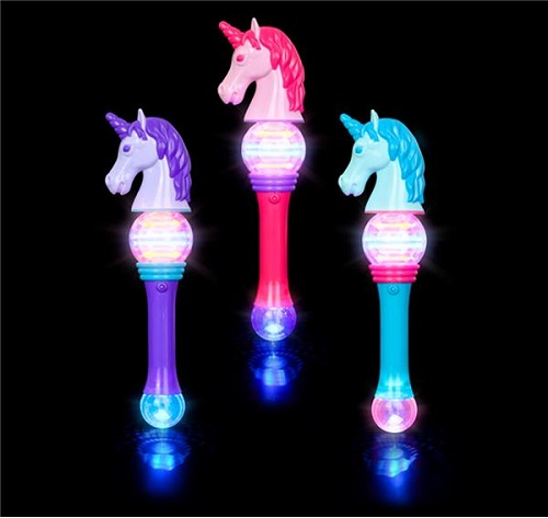 SPINNING LIGHT UP UNICORN WAND - 14"- ASSORTED - 3 AA BATTERIES INCLUDED & REPLACEABLE