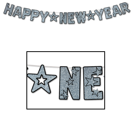 GLITTERED HAPPY NEW YEAR STREAMERS 8 ½" X 8' 6" - BLACK & SILVER - PACK OF 12