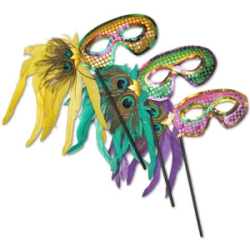 MARDI GRAS FEATHER MASK ON 10" STICK - PACK OF 12