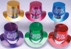 ASSORTED TOP HAT WITH HAPPY NEW YEAR & SILVER BAND - PACK OF 36