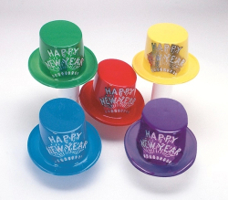 TOP HATS WITH GLITTER HAPPY NEW YEAR - ASSORTED - PACK OF 48