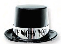 CHAPEAUX HAUTS NOIR AVEC BANDE HAPPY NEW YEAR COULEUR ARGENT - PAQUET DE 48
