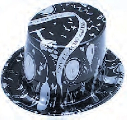 PLASTIC BLACK TOP HAT WITH HAPPY NEW YEAR DESIGN - PACK OF 50