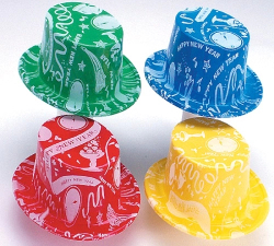 PLASTIC ASSORTED COLOR TOP HAT WITH HAPPY NEW YEAR DESIGN - PACK OF 72