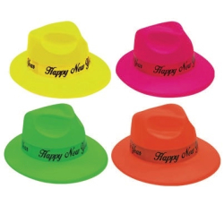 CHAPEAUX GANSTER NEON PLASTIQUE AVEC BANDE HAPPY NEW YEAR - PAQUET DE 50