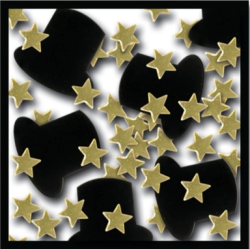 CONFETTIS DE TABLE CHAPEAUX &MINI ETOILES - NOIR &OR - PAQUET DE 12