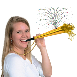 COLLIERS 36" AVEC FLUTE A CONFETTIS - OR - PAQUET DE 12