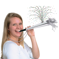 BEADS WITH CONFETTI HORNS 36" - SILVER - PACK OF 12