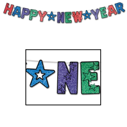GLITTERED HAPPY NEW YEAR STREAMERS 8 ½" X 8 ½' - MULTICOLOR - PACK OF 12