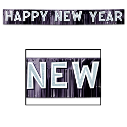 METALLIC HAPPY NEW YEAR BANNERS 10'' x 9' 6" - BLACK & WHITE - PACK OF 6