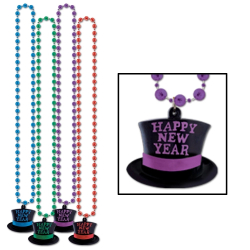 BEADS WITH H.N.Y. TOP HAT MEDALLION 36" - ASSORTED - PACK OF 12