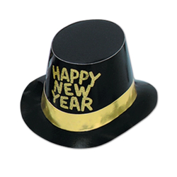 FOIL HI-HATS GOLD GLITTERED NEW YEAR - BLACK - PACK OF 25